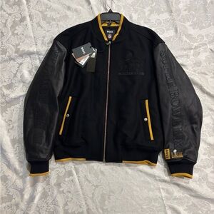 BOSS Super Bowl LIX NFL Black & Yellow Jacket with Leather Sleeves
